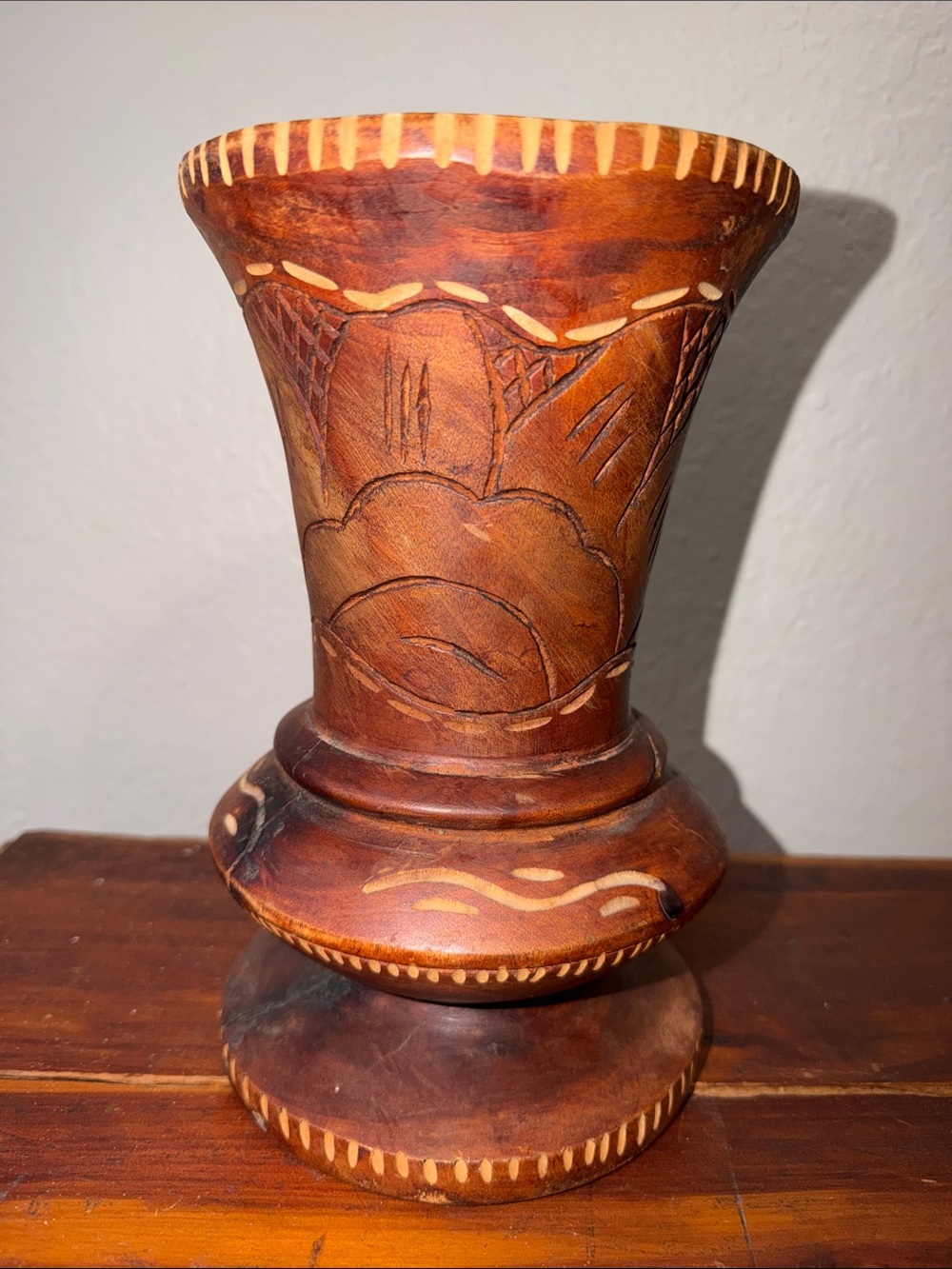 Vintage Wood Vase Floral Two Tone Carved Flower